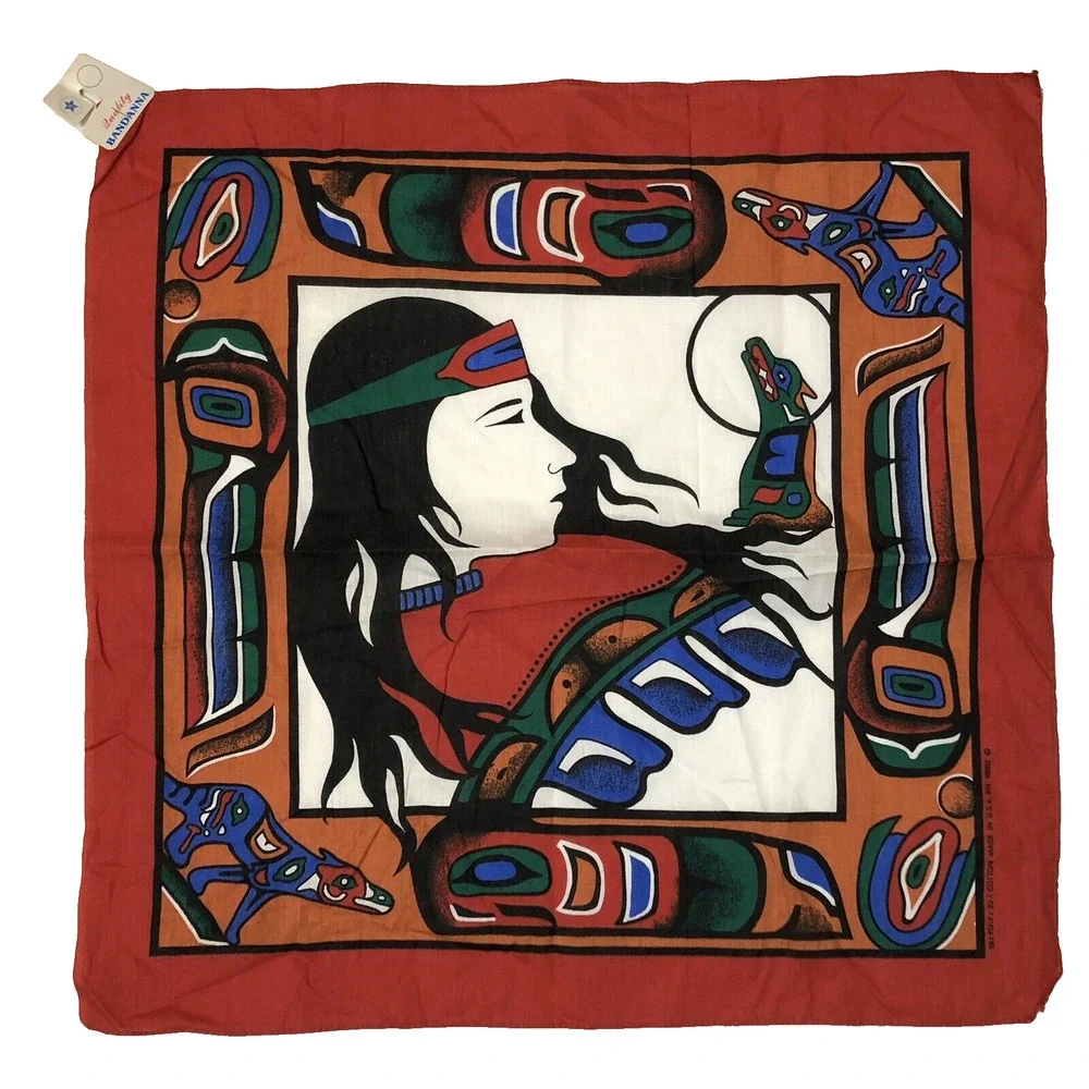 Red Bandana 90s Native American Wolf Coyote Hawk Western USA Vintage Retro PNW